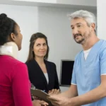 An auto accident chiropractor consulting with a patient wearing a neck brace to discuss treatment and recovery for whiplash injuries.